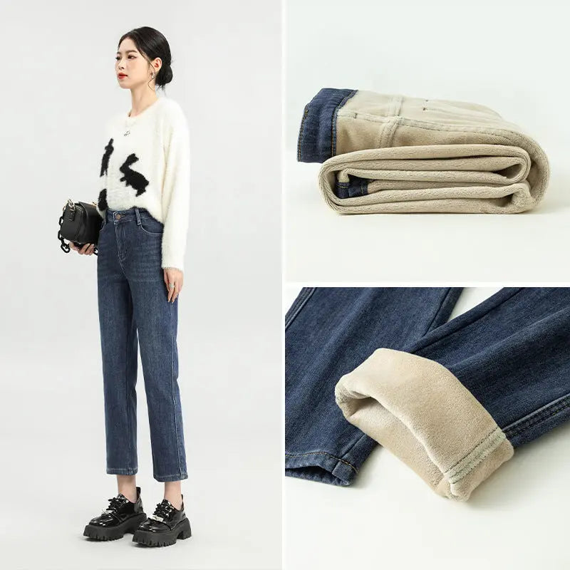 Fleece-lined Thick Cropped Jeans For Women ARZ