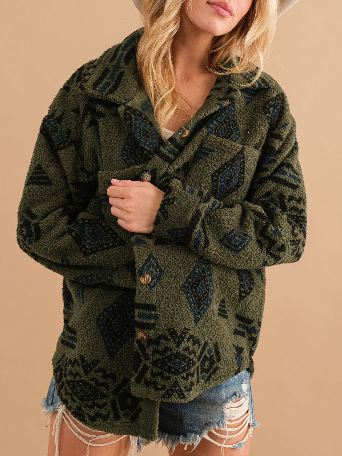 Geometric Button Up Long Sleeve Sherpa Jacket Trendsi