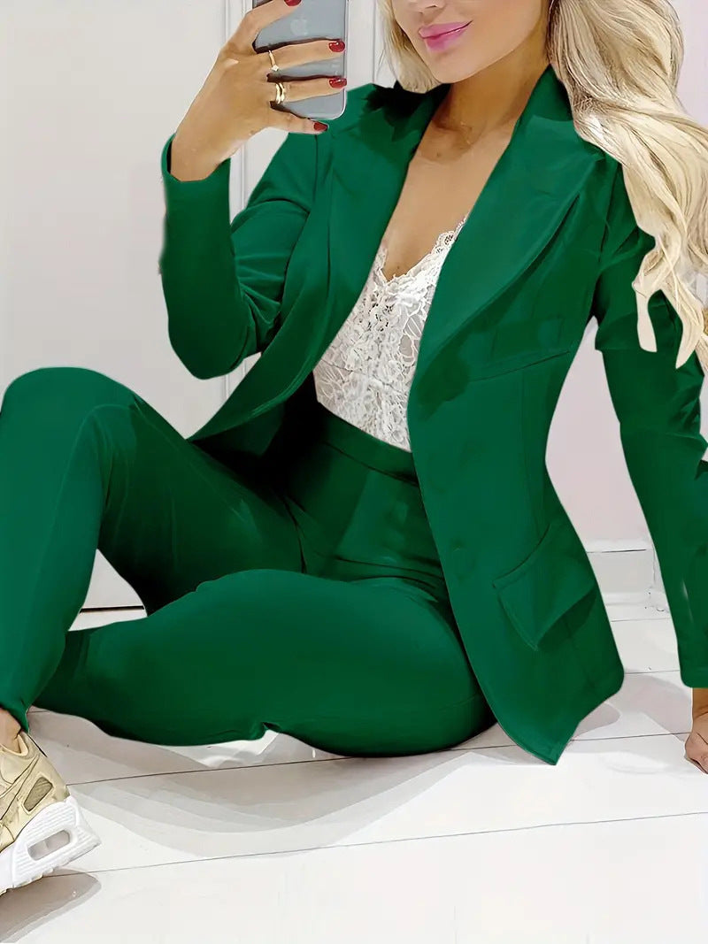 Solid Color Minimalist Long Sleeve Suit Top And Trousers Suit ARZ