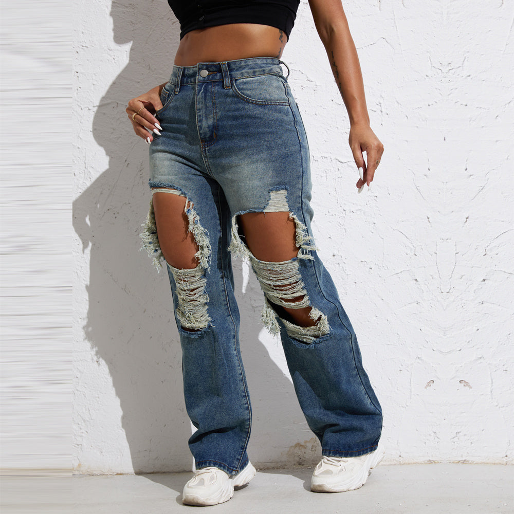 Shascullfites Melody Blue Wash Ripped Retro Stright Leg Jeans Women's Pants Denim Pants Jeans Wide Streetwear ARZ