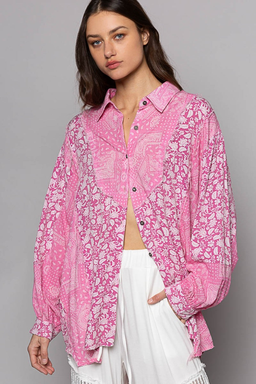 POL Button Down Long Sleeve Paisley Print Shirt Trendsi