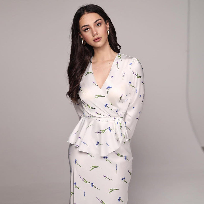 V-neck Printed Long-sleeved Top High Waist Skirt Suit ARZ