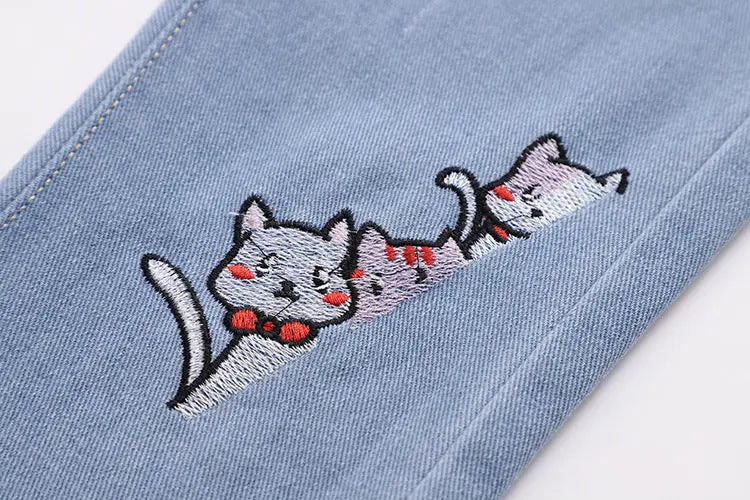 Fashion Embroidered Cat Denim Trousers For Women ARZ