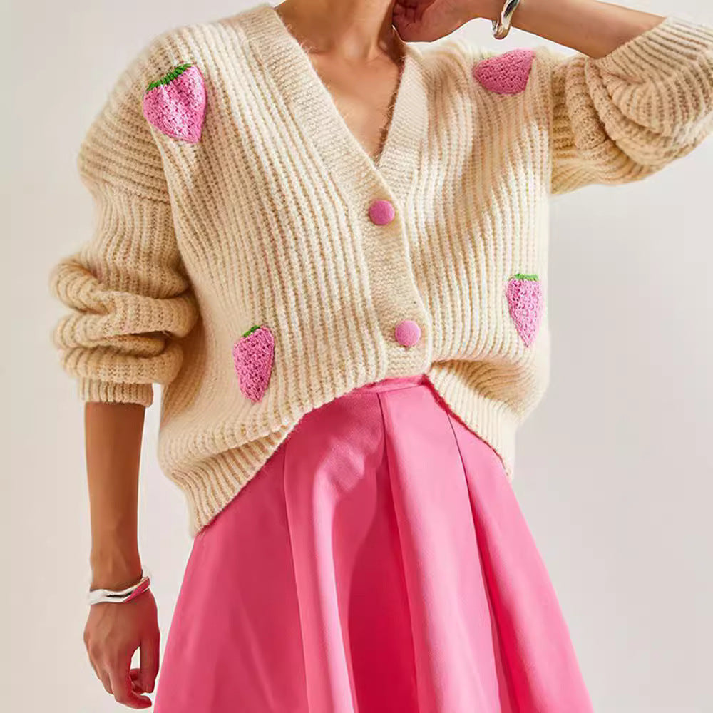 Sweet V-neck Beige Decorative Cardigan Sweater ARZ