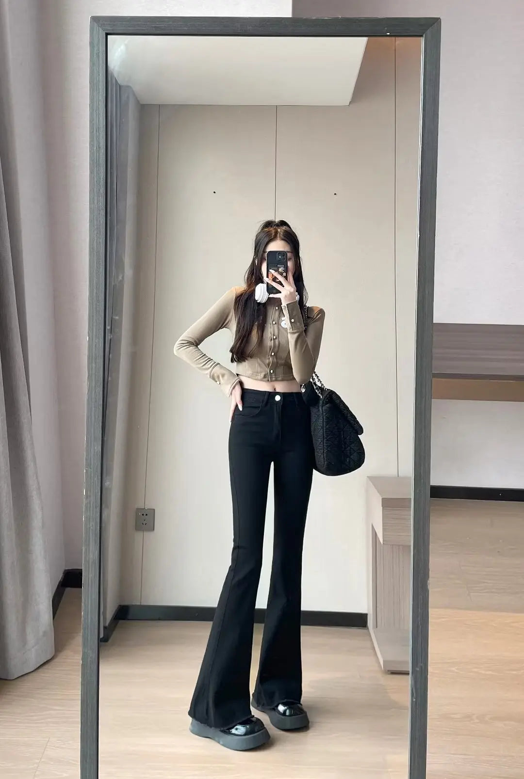 Color Matching Fashionable Elegant Bell-bottom Pants Jeans High Waist Slim Fit Slimming ARZ