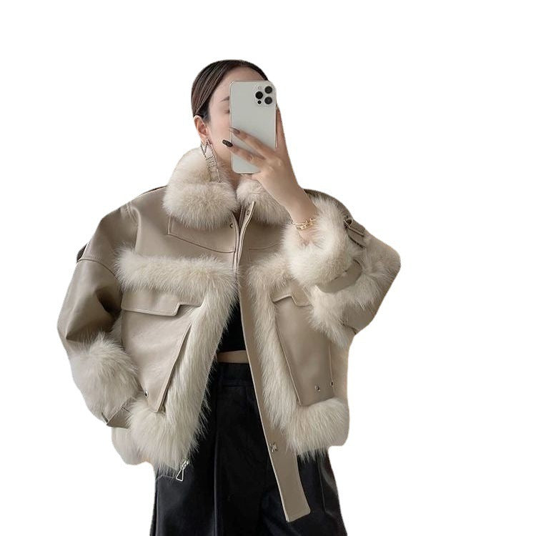 Sense Fox Fur Stitching Leather Coat ARZ