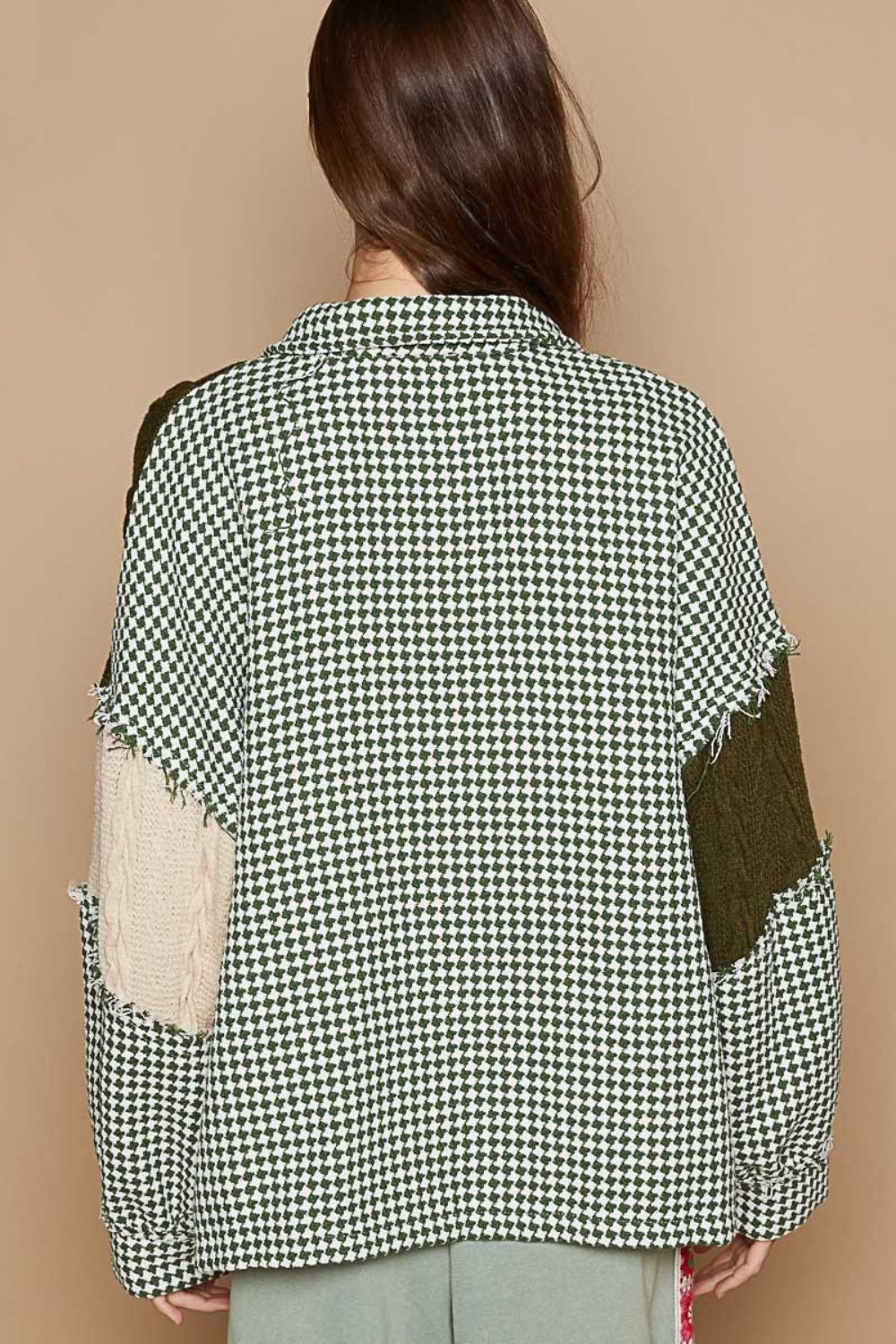 POL Houndstooth Contrast Cable Knit Pocket Shacket Trendsi