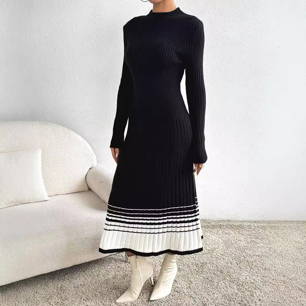 Women's Woolen Skirt Black And White Stripes Dress ARZ