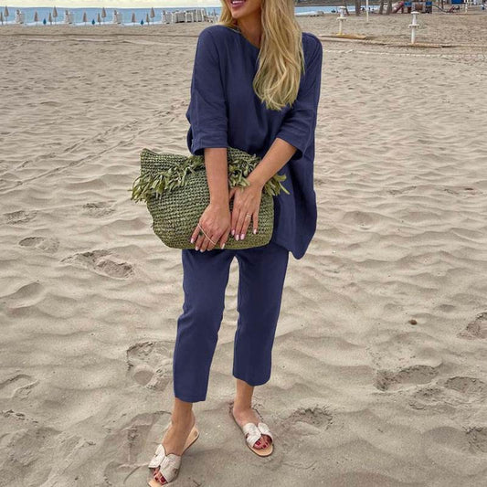 European And American Women's Clothing Loose Fashion Casual Solid Color Cotton And Linen Two Suit ARZ