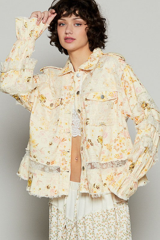 POL Raw Hem Lace Patch Flounce Sleeve Jacket Trendsi