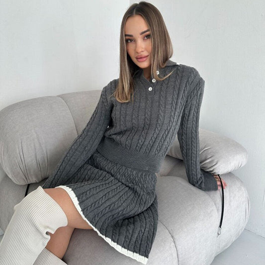 Long Sleeve Knitted Button Sweater Dress Suit Women ARZ