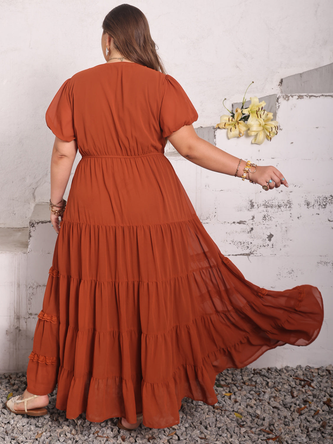 Plus Size Ruched Lace Detail V-Neck Short Sleeve Dress Trendsi