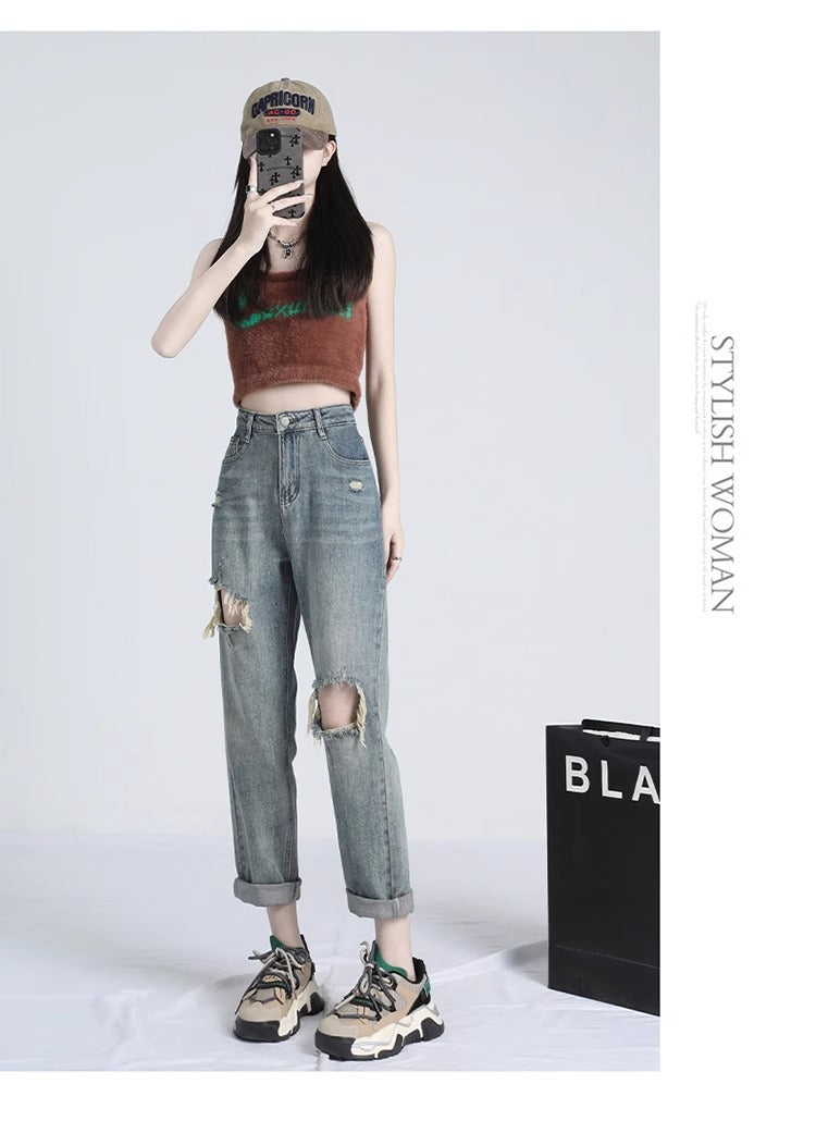 Ripped Daddy Jeans For Women Spring And Autumn 2024 New High Waist Loose Small ARZ