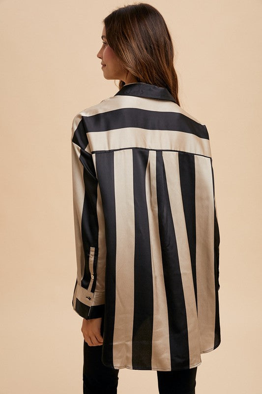 Annie Wear Striped Dropped Shoulder Button Up Shirt Trendsi