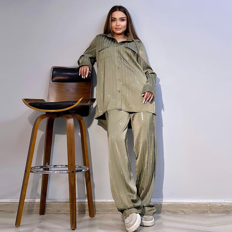 Striped Shirt Wide Leg Pants Casual Suit ARZ