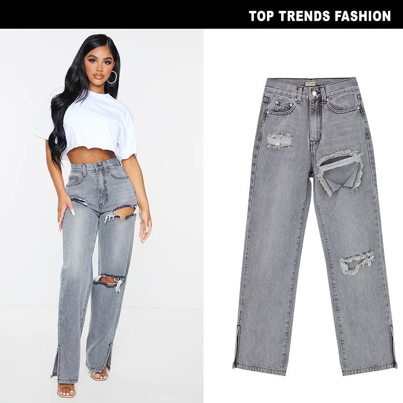 Women's High Waist Sand Gray Straight-leg Denim Trousers ARZ