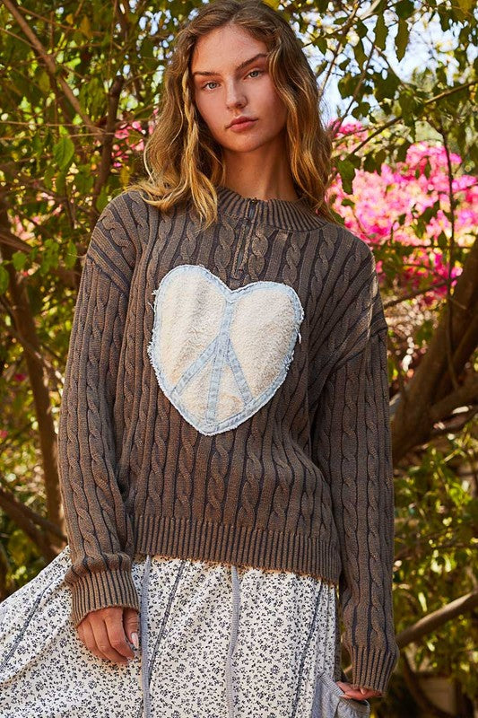 POL Cable-Knit Peace Patch Dropped Shoulder Sweater Trendsi