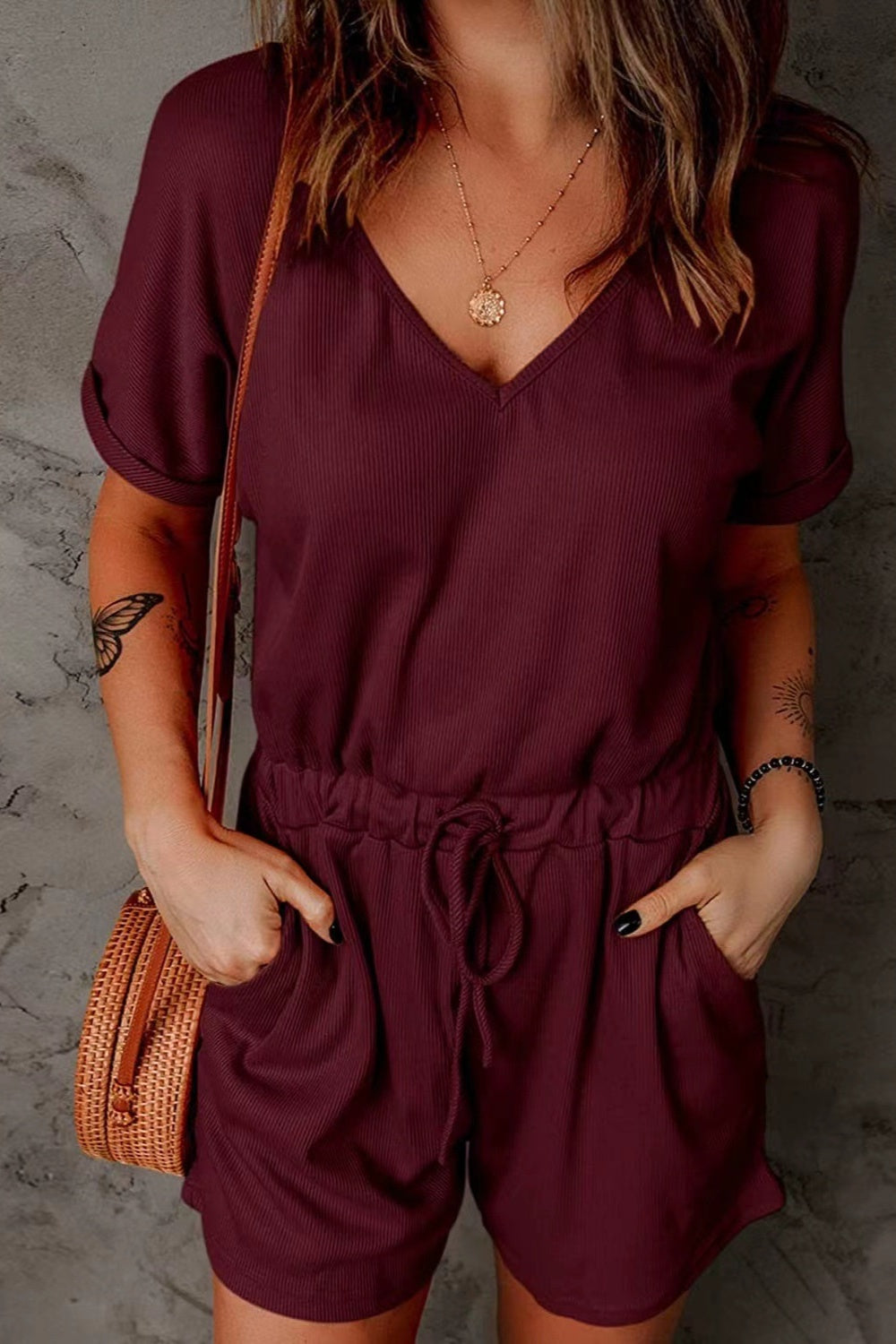 Full Size Drawstring V-Neck Short Sleeve Romper Trendsi