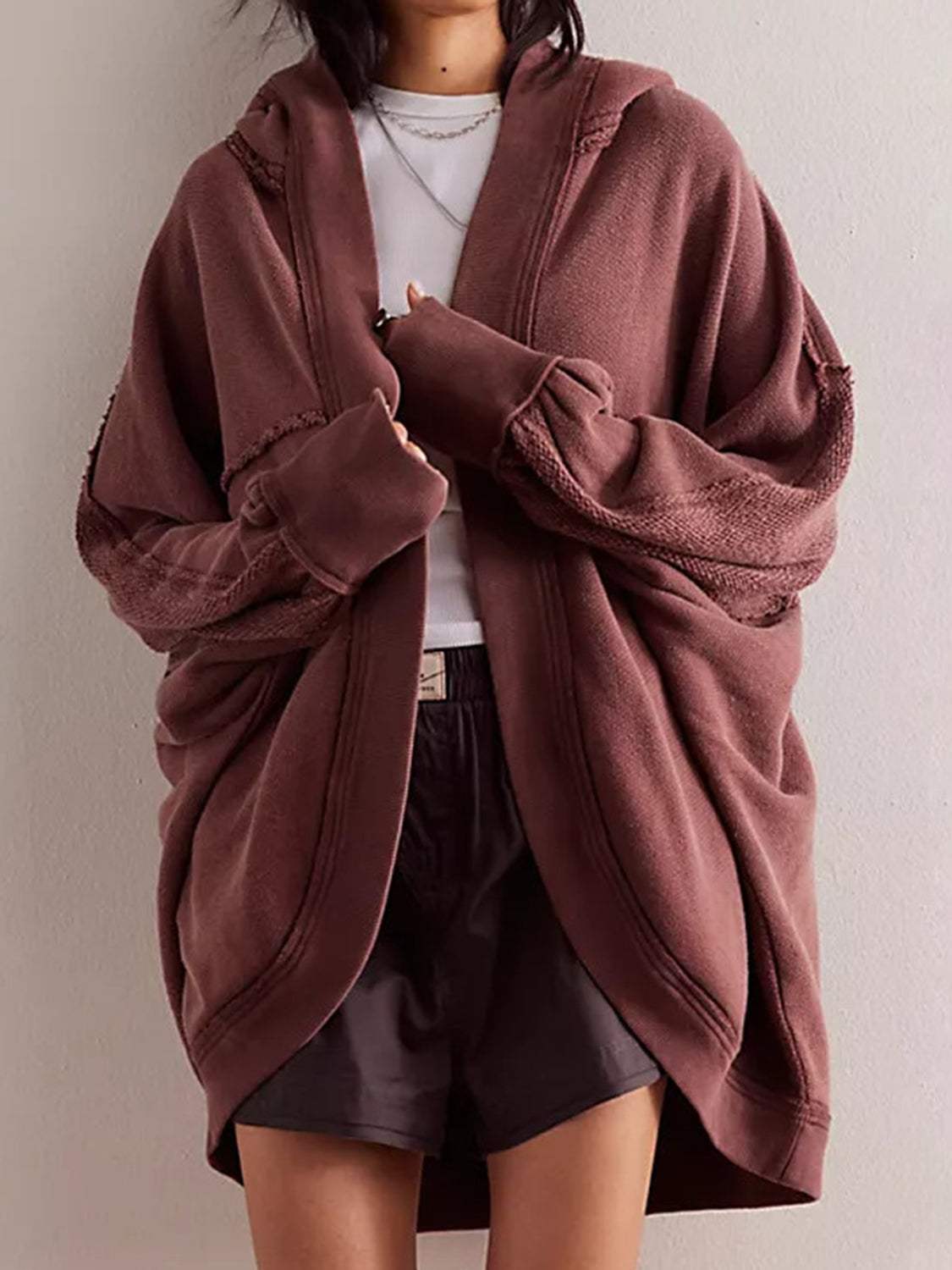 Exposed Seam Open Front Batwing Sleeve Hooded Cardigan Trendsi