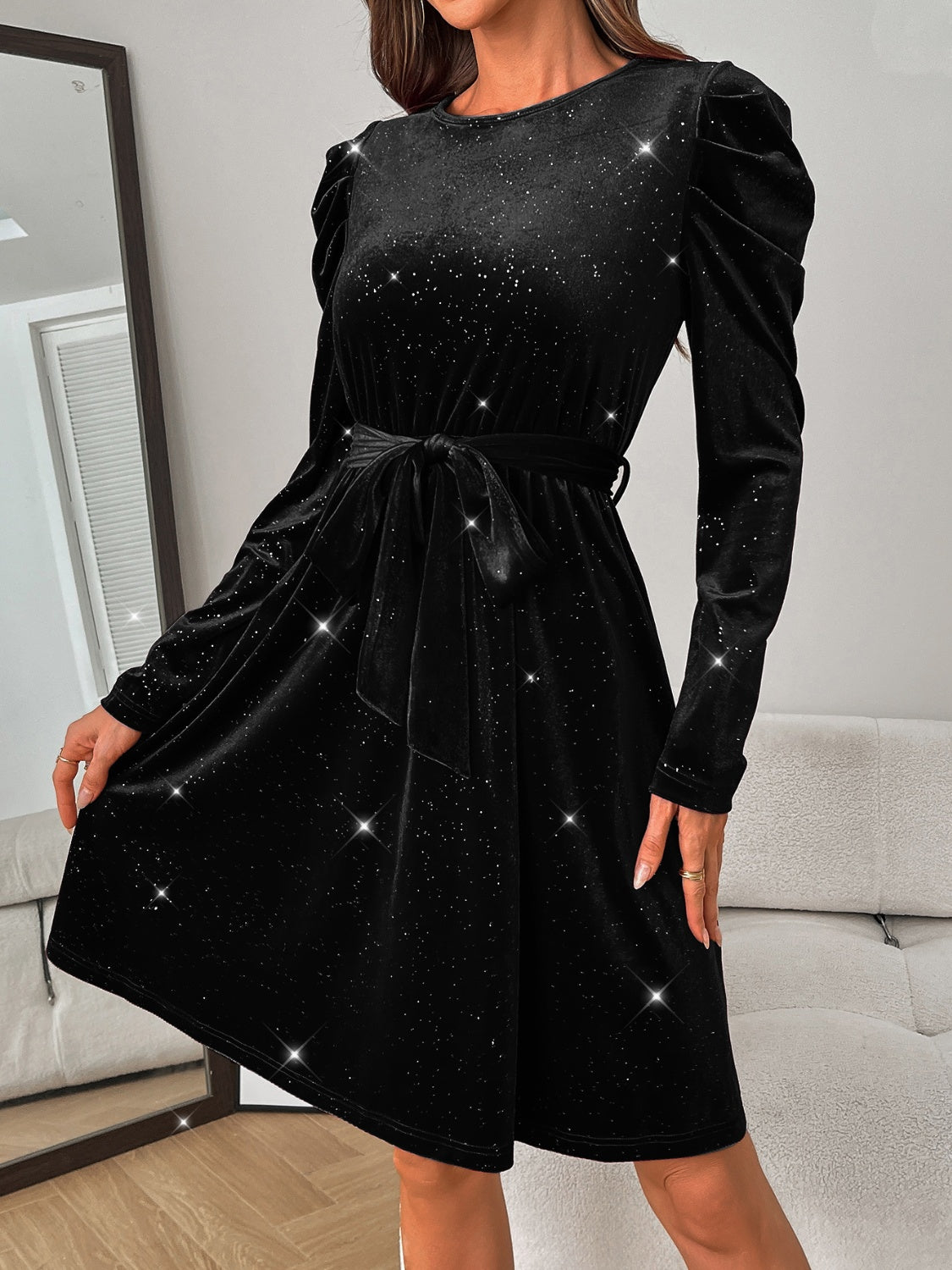 Glitter Round Neck Puff Sleeve Dress Trendsi