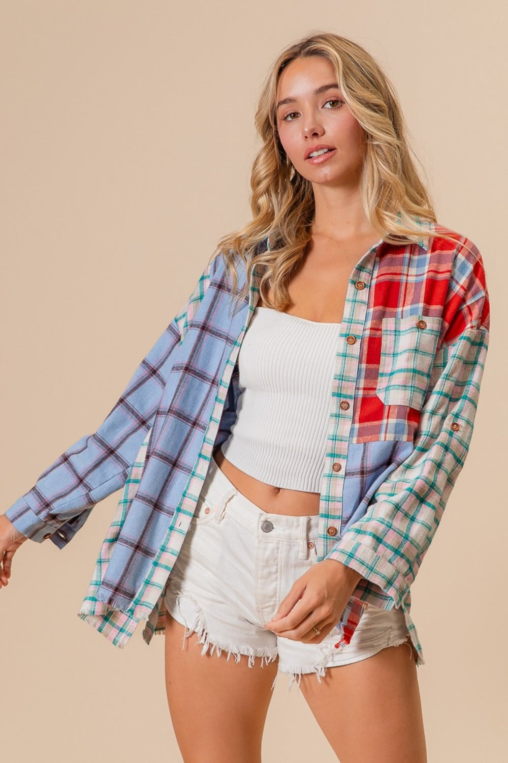 BiBi Color Block Plaid Button Down Shirt Trendsi