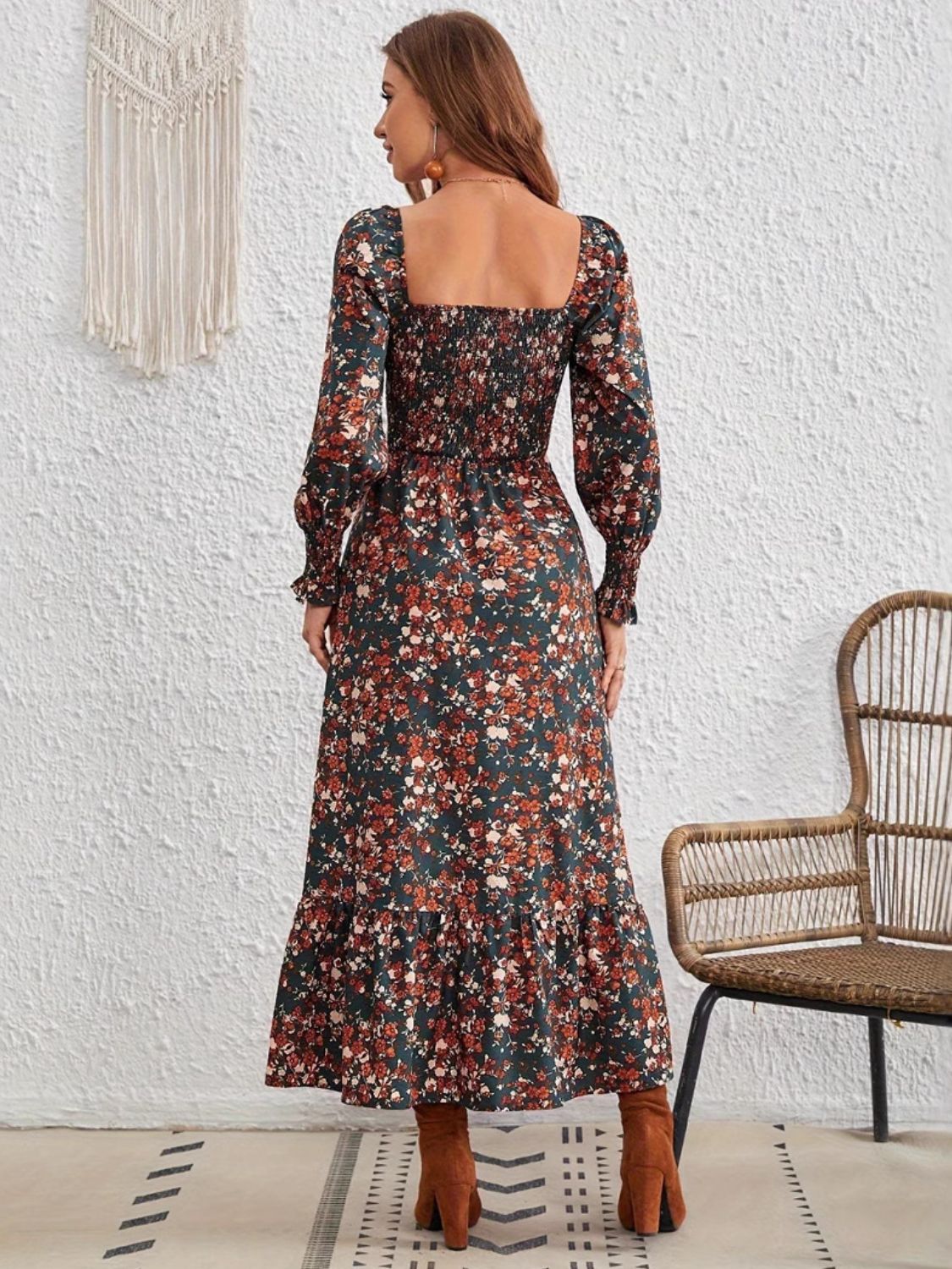 Smocked Floral Square Neck Long Sleeve Dress Trendsi