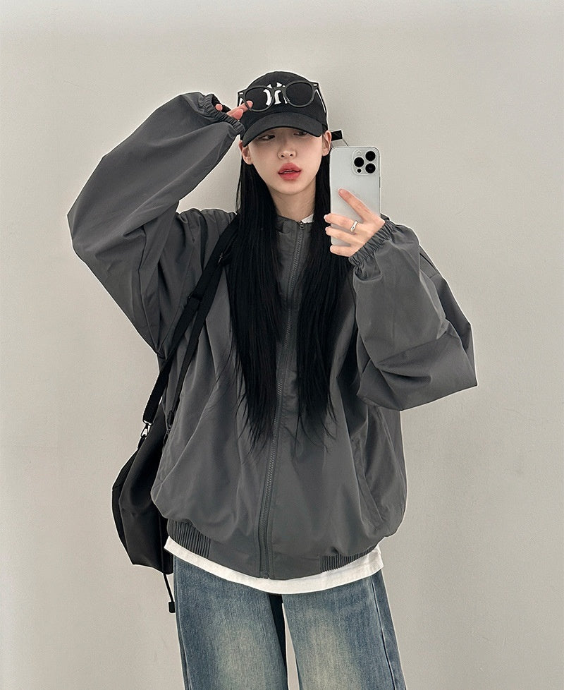 Korean Style Simple Basic All-match Commute Loose BM Hooded Zipper Jacket ARZ