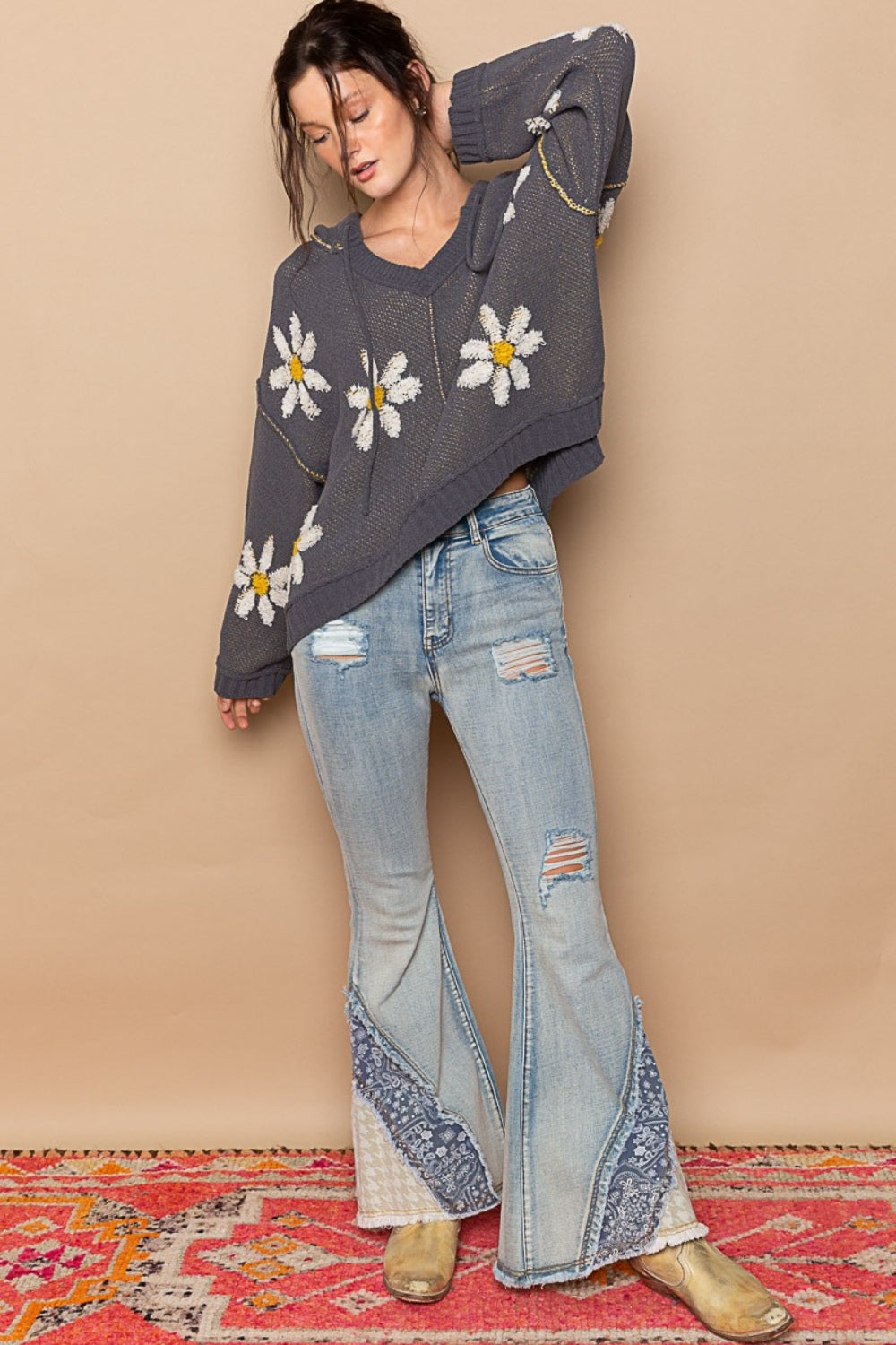 POL Floral Pattern Hooded High-Low Sweater Trendsi