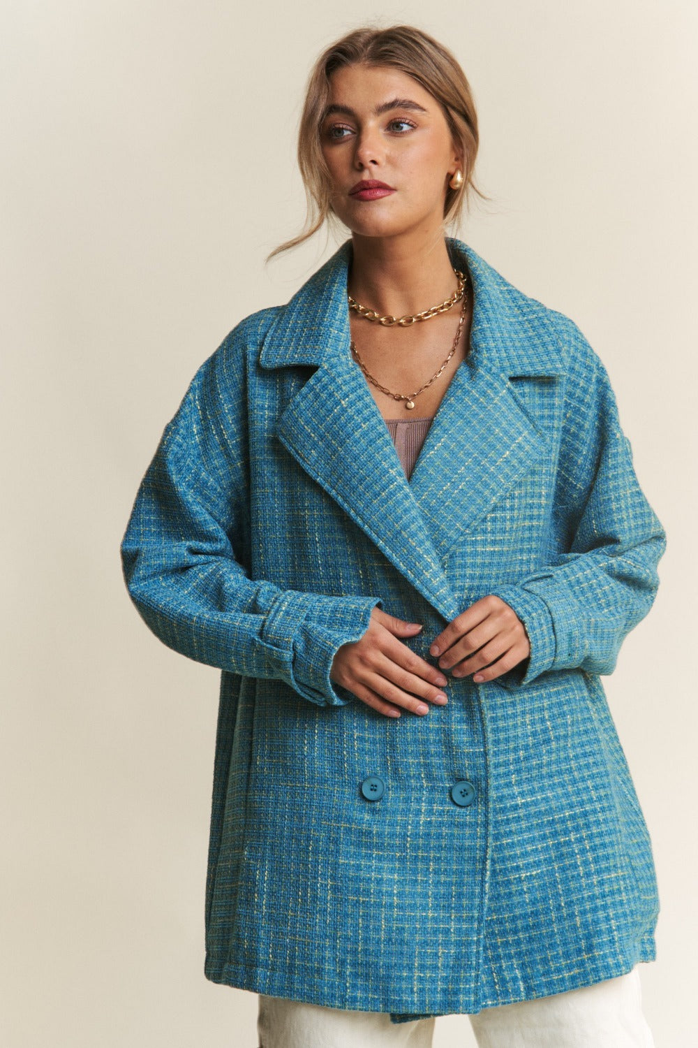 J.NNA Tweed Double-Breasted Long Sleeve Coat Trendsi