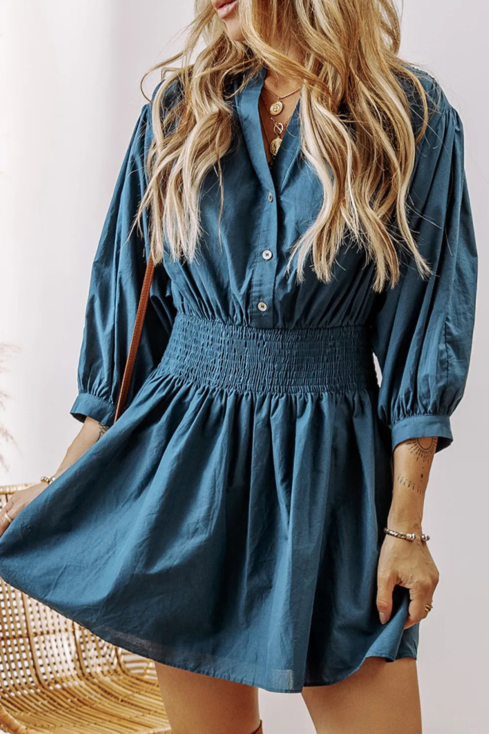 Smocked Half Button Three-Quarter Sleeve Mini Dress Trendsi