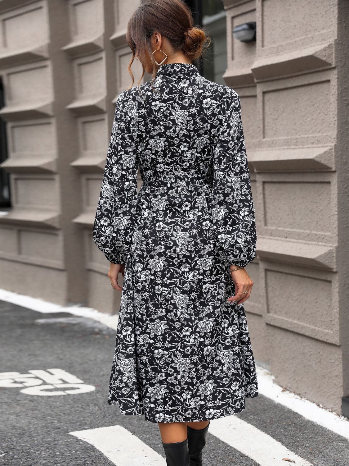 Perfee Lace Detail Printed Long Sleeve Midi Dress Trendsi