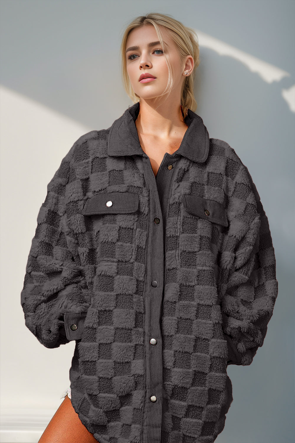 Double Take Button Up Fuzzy Checkered Shacket Trendsi