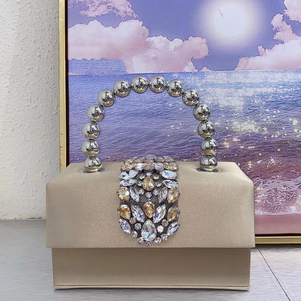 French Shiny Rhinestone Small Square Bag Diamond Silk ARZ