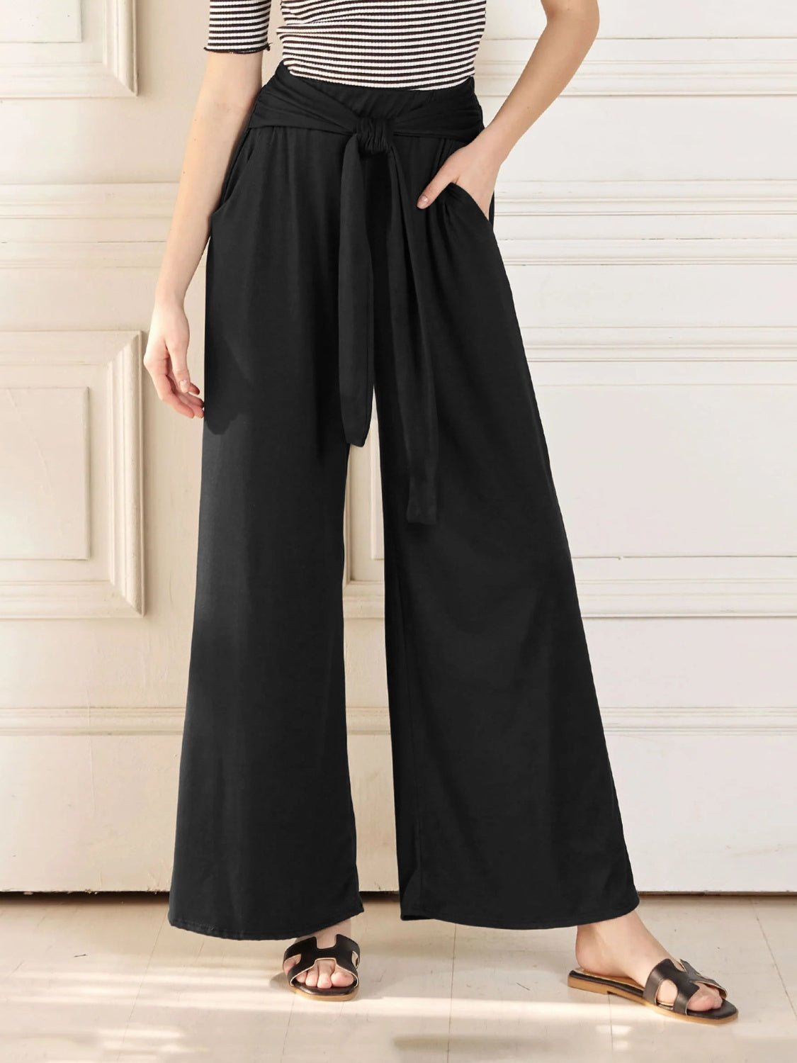 Tied Wide Leg Pants with Pockets Trendsi