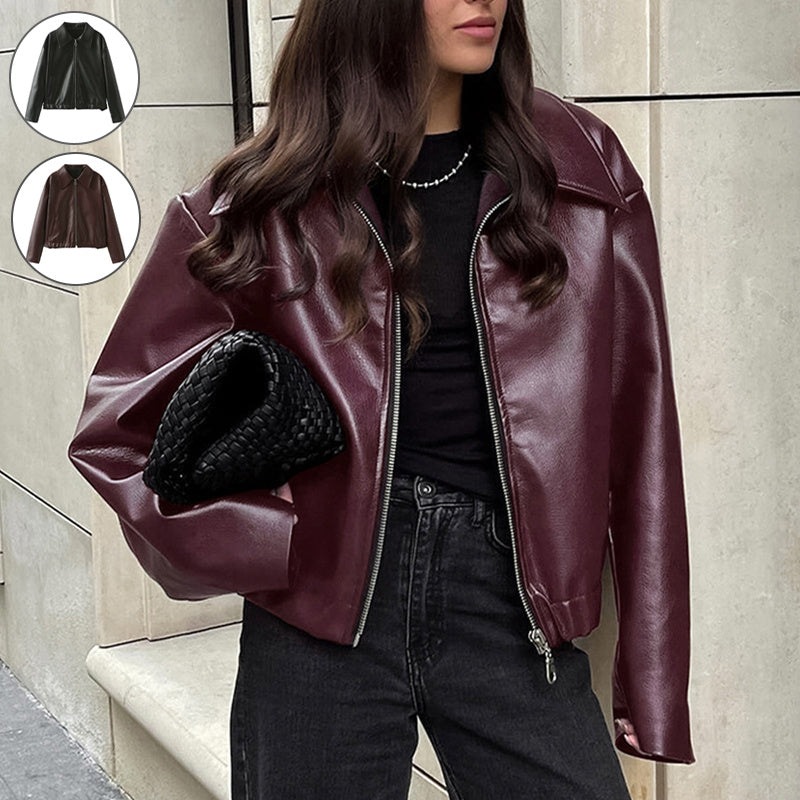 Solid Color Lapel Zipper Jacket Fashion Casual Long Sleeve Leather Coat Tops Women Clothing ARZ