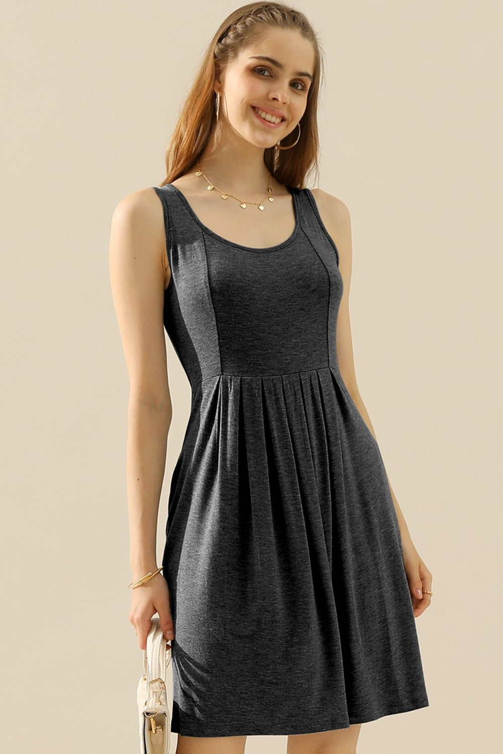 Doublju Full Size Round Neck Ruched Sleeveless Dress with Pockets Trendsi