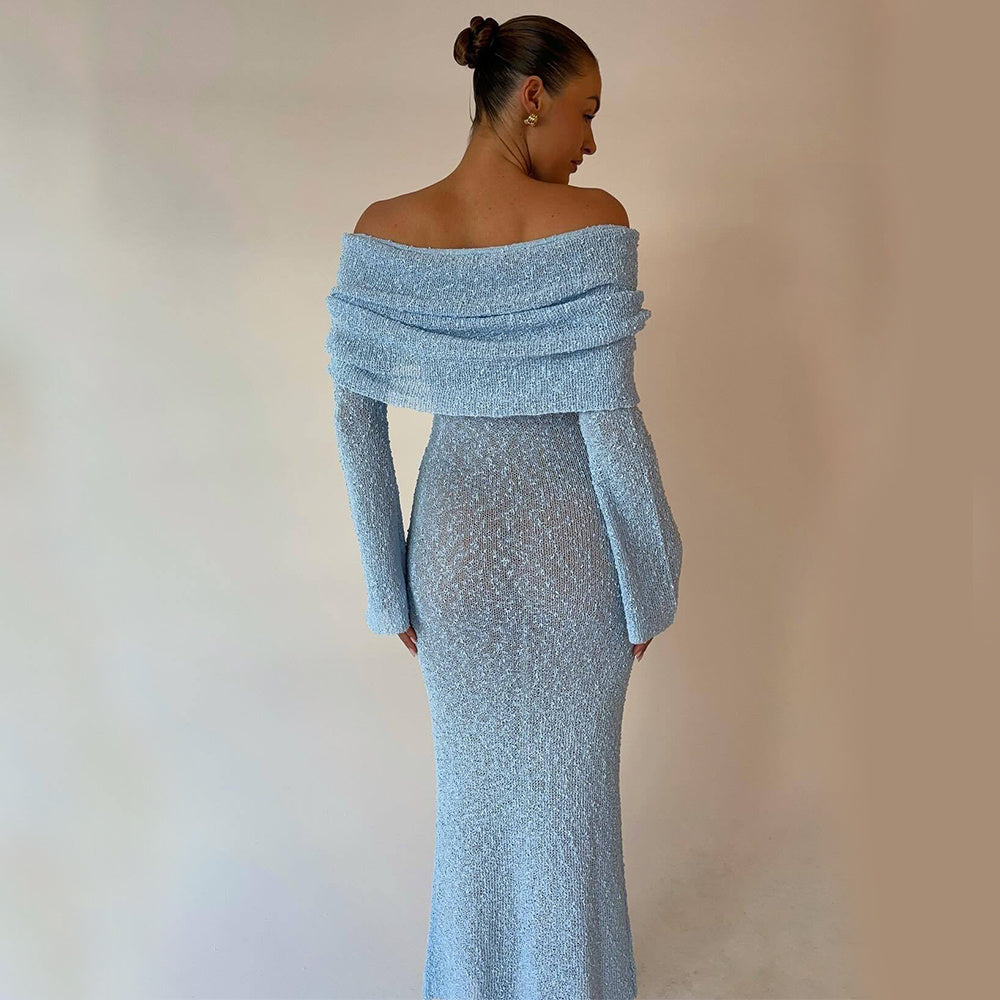 New One-shoulder Knitted Long-sleeved Dress Sexy Beach Holiday Long Dresses Womens Clothing ARZ