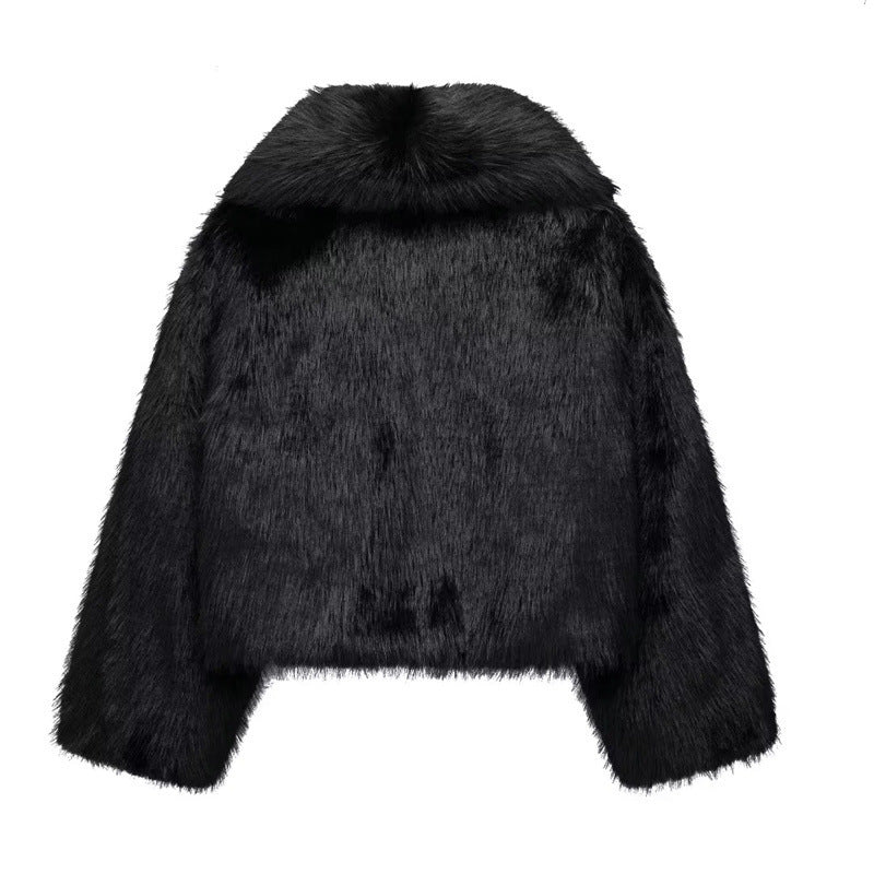 Artificial Fur Effect Polo Collar Jacket Loose Slimming Casual Jacket ARZ