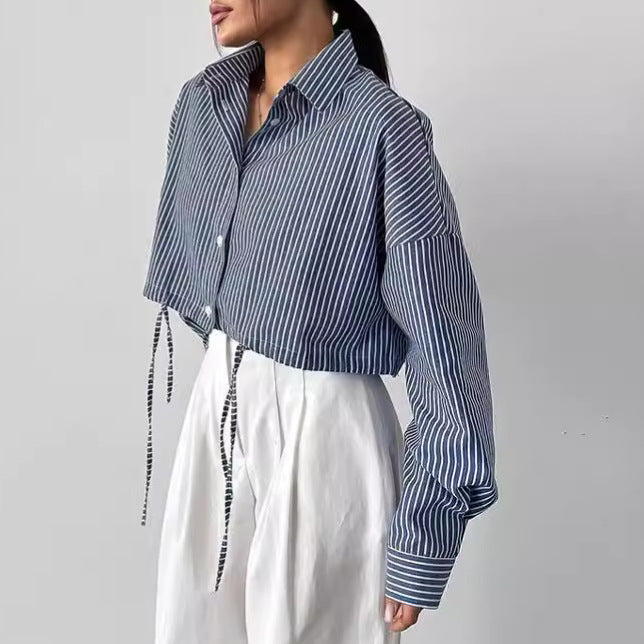 Long Sleeve Niche Cropped Striped Shirt Fashion ARZ