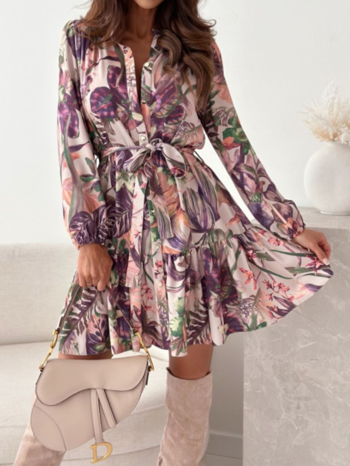 Ruffle Hem Floral Long Sleeve Dress Trendsi