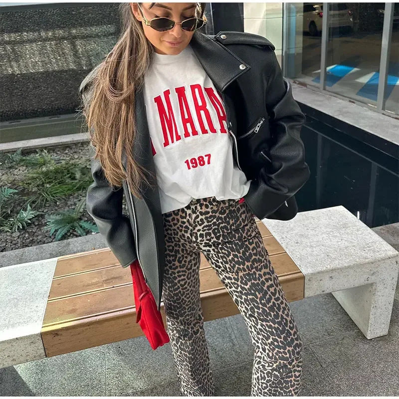 Women's New Leopard Print High Waist Casual Straight Pants ARZ