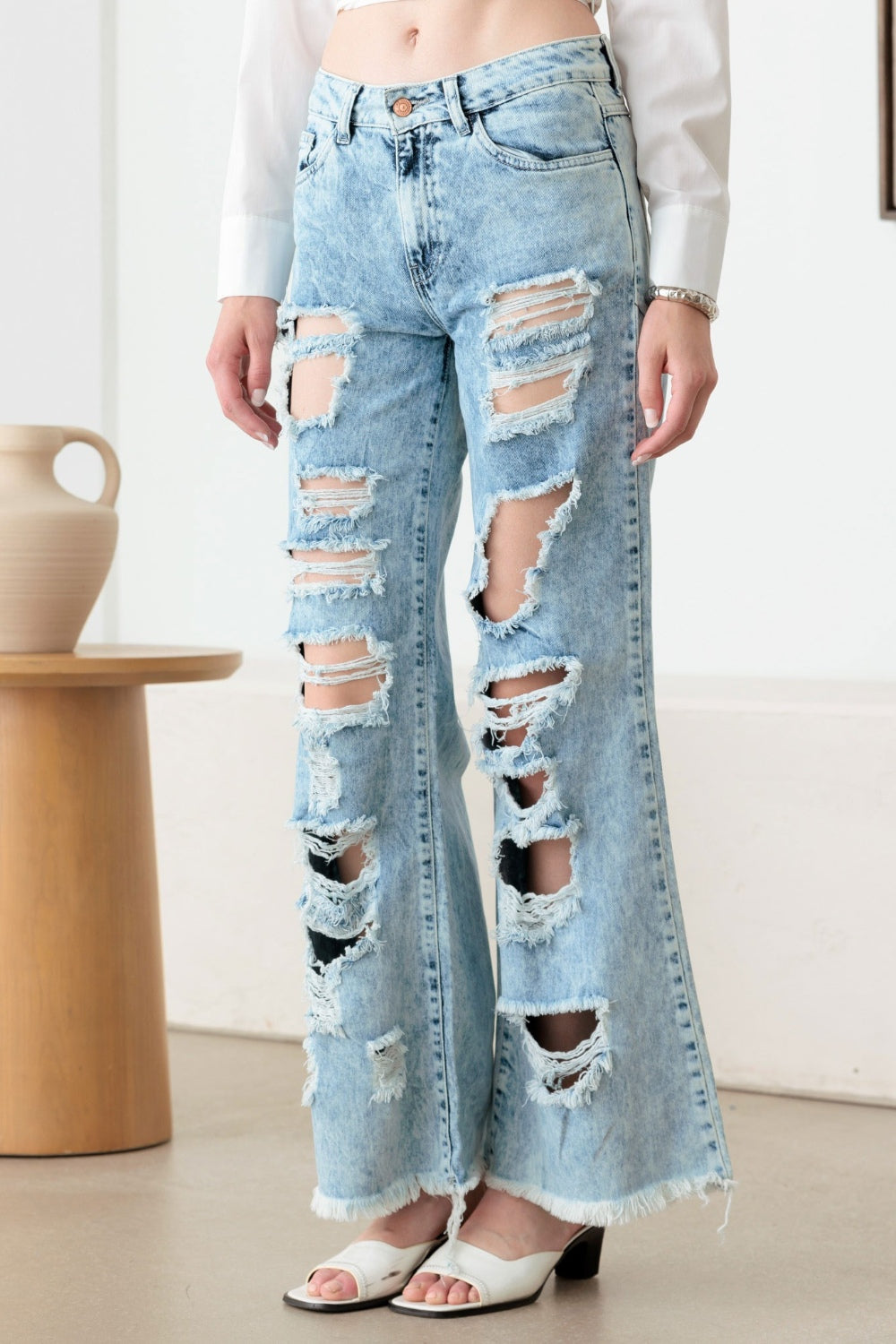 Litz La Distressed Frayed Hem Flare Jeans Trendsi