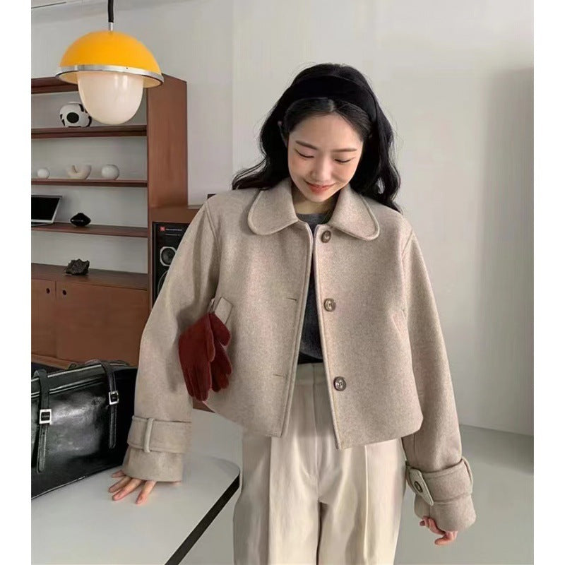 Retro Peter Pan Collar Single-breasted Loose All-match Solid Color Long-sleeved Woolen Coat ARZ