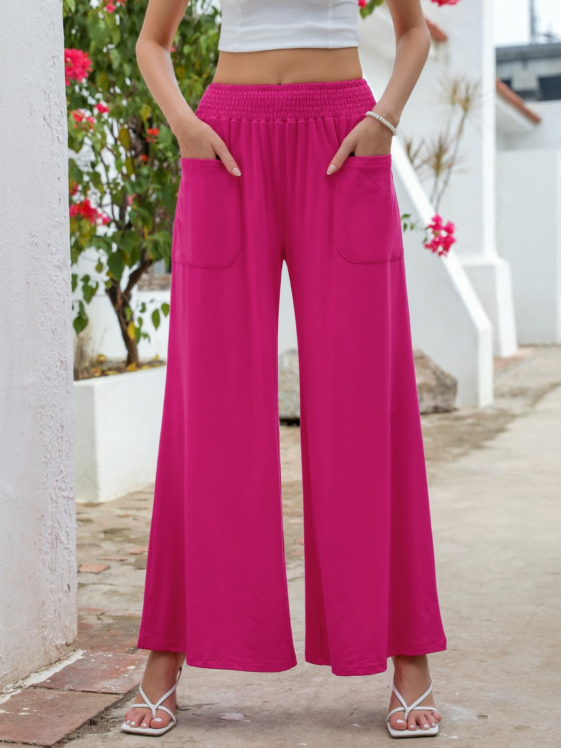 Pocketed Elastic Waist Wide Leg Pants Trendsi