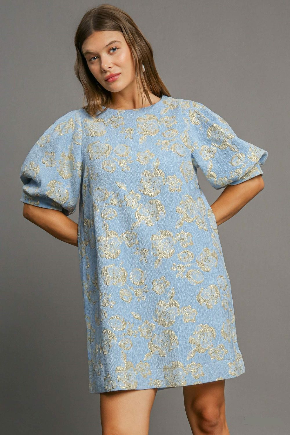 Umgee Floral Jacquard Puff Sleeve Mini Dress Trendsi