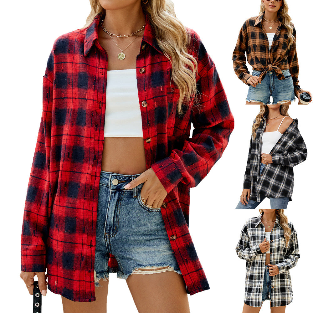 Fashion Retro Long Sleeve Loose Lapels Plaid Women ARZ