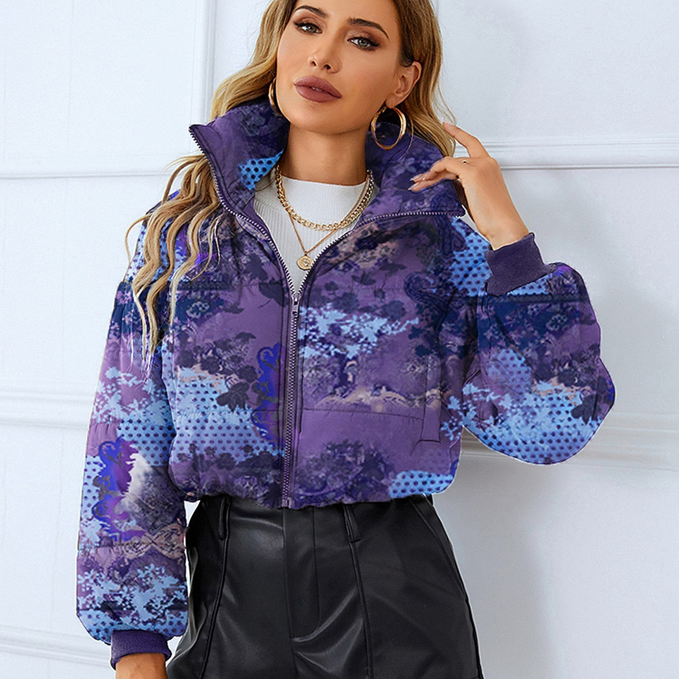 Fashion Bread Coat Women Print Stand Collar Short Coat Winter Jacket ARZ