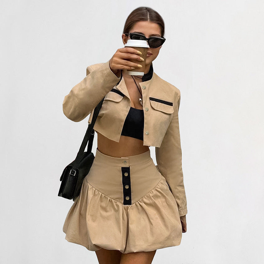 Autumn Commuter Professional Bud Skirt Suit Fashion Colorblock Coat Short Skirt Two-piece Set ARZ