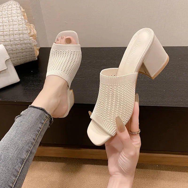 Block Heel Knit Sandals Trendsi