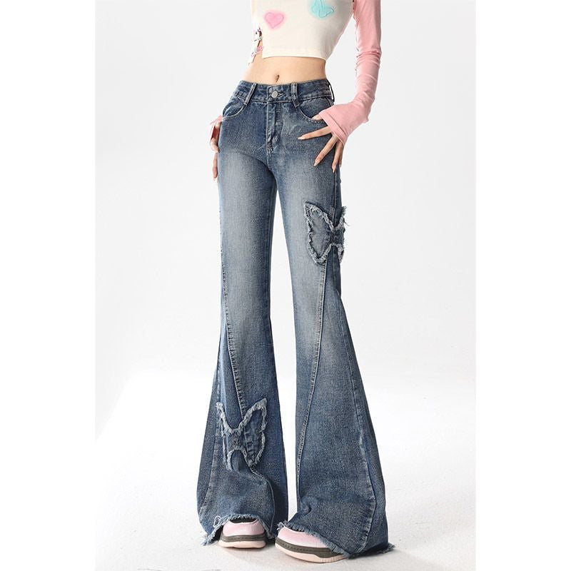 American Retro Butterfly Embroidery Slightly Flared Jeans Women ARZ